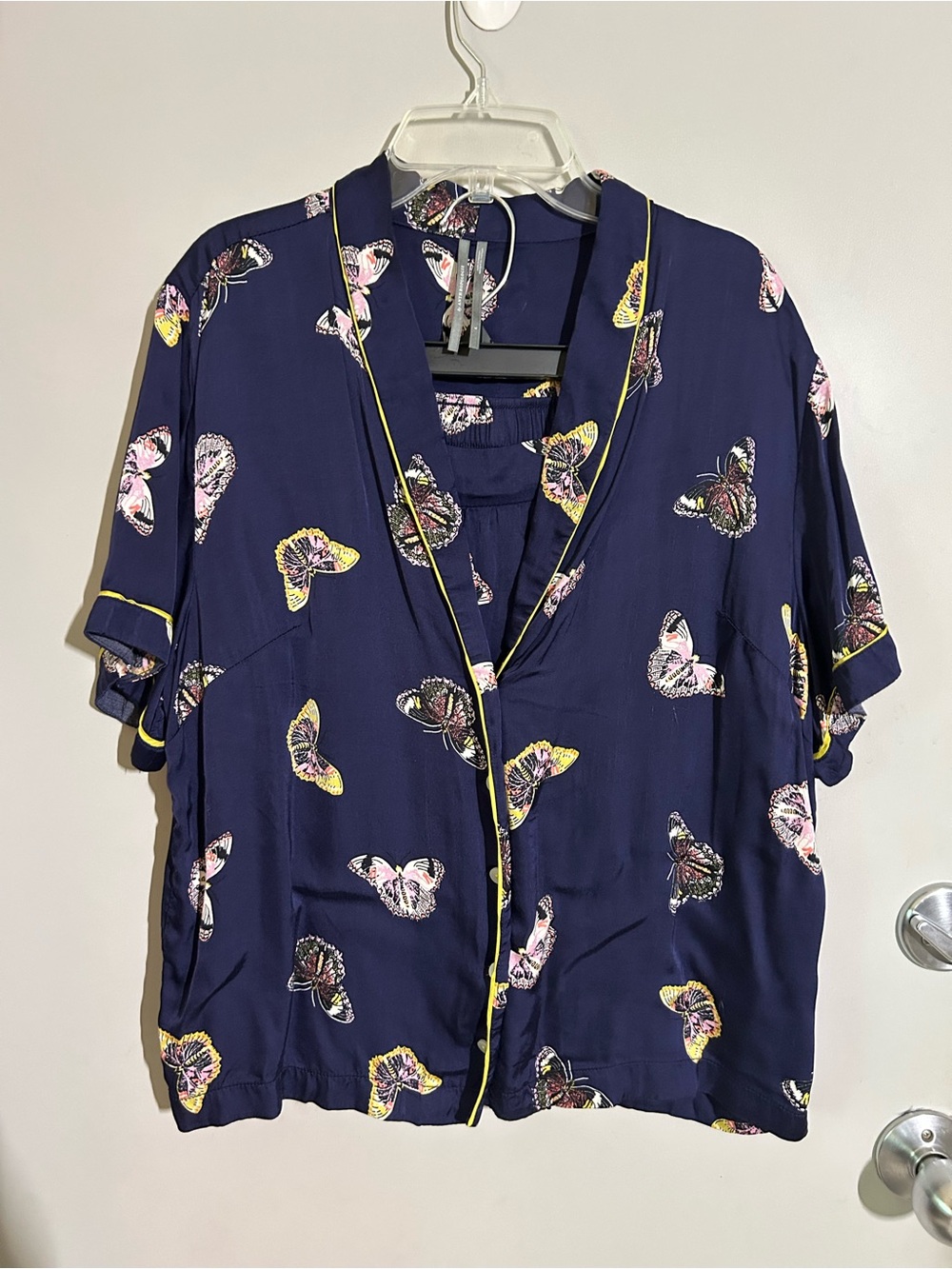 Anthropologie Navy Butterfly-silky Print pajama shorts set Pink + Yellow Accents